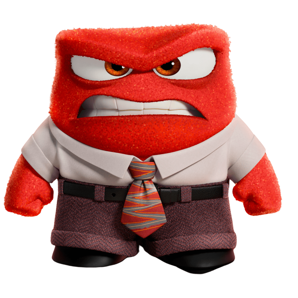 Personagem de animação vermelho com expressão de raiva, vestindo uma camisa branca e uma gravata listrada, com calças escuras.