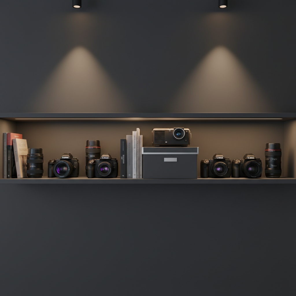 Uma prateleira de estúdio audiovisual sofisticado em São Paulo, com fundo cinza grafite, cuidadosamente organizada com câmeras fotográficas e de vídeo pretas, lentes variadas com reflexos arroxeados nos vidros, caixas de armazenamento etiquetadas e alguns livros de teoria do cinema e roteirismo em português, de lombadas discretas. Um projetor de cinema compacto repousa em destaque, com sua lente voltada levemente para baixo. A iluminação é de feixes direcionais quentes, como de spots de galeria, criando sombras marcadas e realçando texturas de metal e vidro. Fotografia realista em composição frontal, com foco nítido e atmosfera de estúdio profissional, limpa e sofisticada.