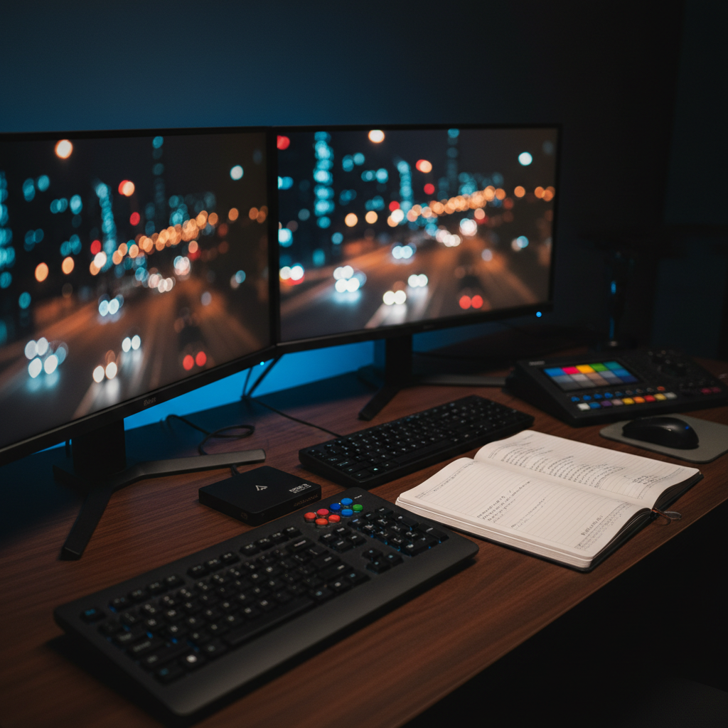 Uma sala de edição escura e elegante, com uma grande mesa de madeira escura ocupada por dois monitores calibrados exibindo um filme em processo de correção de cor, com planos de São Paulo à noite cheios de bokeh. Um teclado de edição, um painel de correção de cor com rodas coloridas e um SSD profissional repousam ao lado de um caderno aberto com anotações técnicas em português. A única fonte de luz é o brilho dos monitores e um sutil LED azul atrás da tela, criando um ambiente cinematográfico, sério e imersivo. Fotografia realista, em perspectiva ligeiramente oblíqua, com foco seletivo nos controles de cor e atmosfera de estúdio profissional.