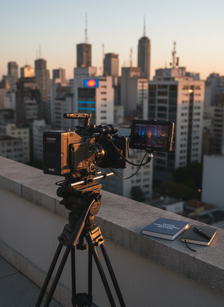 Uma câmera de cinema montada em um tripé robusto sobre o terraço de um prédio em São Paulo, voltada para o horizonte urbano com prédios modernos, antenas e letreiros desfocados. Ao lado, um monitor externo pequeno exibe um frame congelado de uma cena noturna estilosa, com cores contrastadas. Um livro de crítica de cinema em português, de capa sóbria, está apoiado no parapeito, junto a um caderno de anotações fechado. A cena é iluminada pela luz dourada do fim de tarde, criando reflexos suaves no metal da câmera e um clima contemplativo, autoral. Fotografia realista, capturada em ângulo baixo, reforçando a sensação de produção cinematográfica profissional.