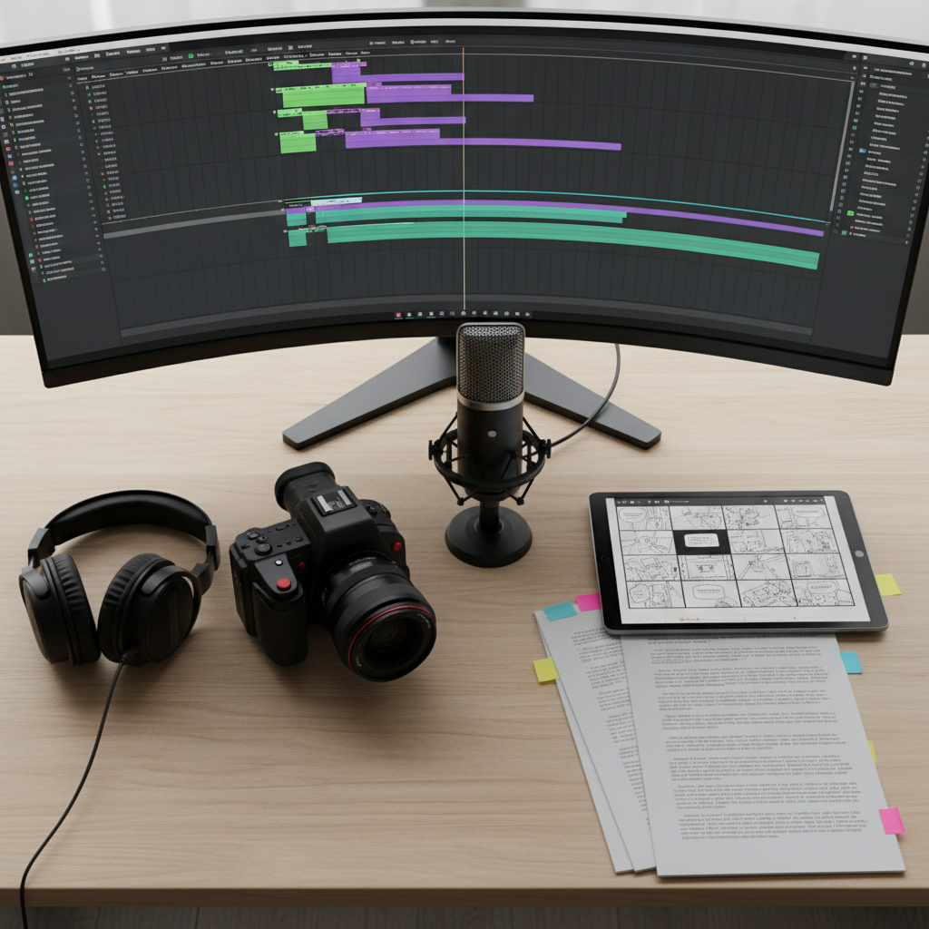 Uma mesa de trabalho minimalista de madeira clara vista de cima, organizada com precisão: câmera de cinema digital preta com detalhes em vermelho, um microfone de estúdio, um tablet exibindo um storyboard de cenas, folhas de roteiro em português com margens marcadas por post-its coloridos e um par de fones de ouvido profissionais fechados. Ao fundo, um monitor ultrawide exibe uma linha do tempo de edição de vídeo com cores vibrantes. A luz é suave e difusa, como de um dia nublado em São Paulo, entrando por uma janela fora de quadro, criando sombras delicadas e um clima de concentração criativa. Fotografia realista, composição flat lay, com foco nítido em todos os elementos.