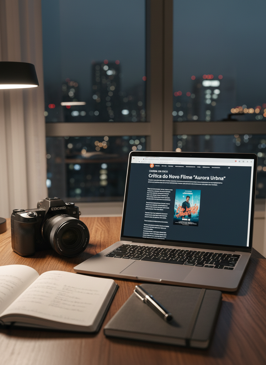 Um laptop elegante de alumínio escovado aberto em uma mesa de madeira escura, exibindo na tela uma página de crítica de cinema em português, com uma imagem desfocada de um cartaz de filme ao fundo. Ao lado, uma câmera mirrorless profissional preta com lente grande angular, um caderno de capa dura grafite com anotações manuscritas sugeridas por sombras e uma caneta estilosa de metal preto. O conjunto está em um apartamento moderno em São Paulo, com janelas altas e a silhueta desfocada da cidade à noite. A luz vem de um abajur quente lateral, criando reflexos sutis no metal e um clima sofisticado, introspectivo, fotografado em estilo realista com profundidade de campo rasa e composição em regra dos terços.